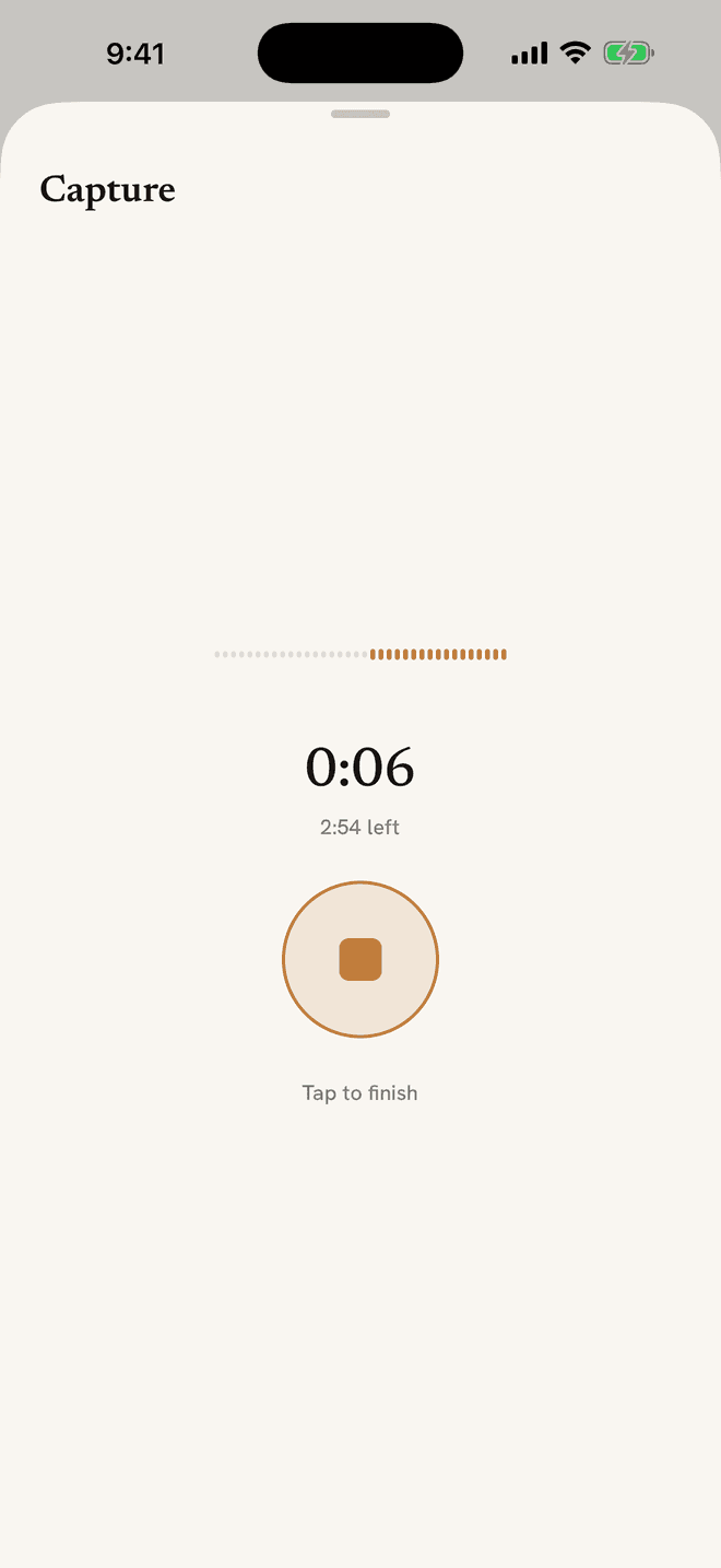 The capture sheet partway through a recording — a live waveform, a timer counting down against the three-minute cap, and a single button to stop — which is the whole of speaking a thought without putting the book down.