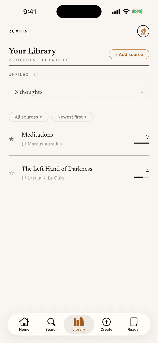 The Library, listing every source that has been spoken into with its entry count: unfiled thoughts wait in a dashed frame at the top, a star pins the reading in progress, and two pills filter and reorder the shelf.
