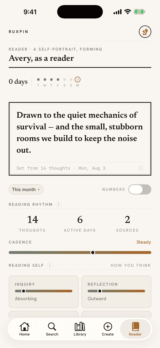 The Reader tab, where a portrait sentence assembled from the reader's own entries sits between a daily streak and the reading vitals — cadence, inquiry, reflection — each recomputed from what was actually captured rather than self-reported.